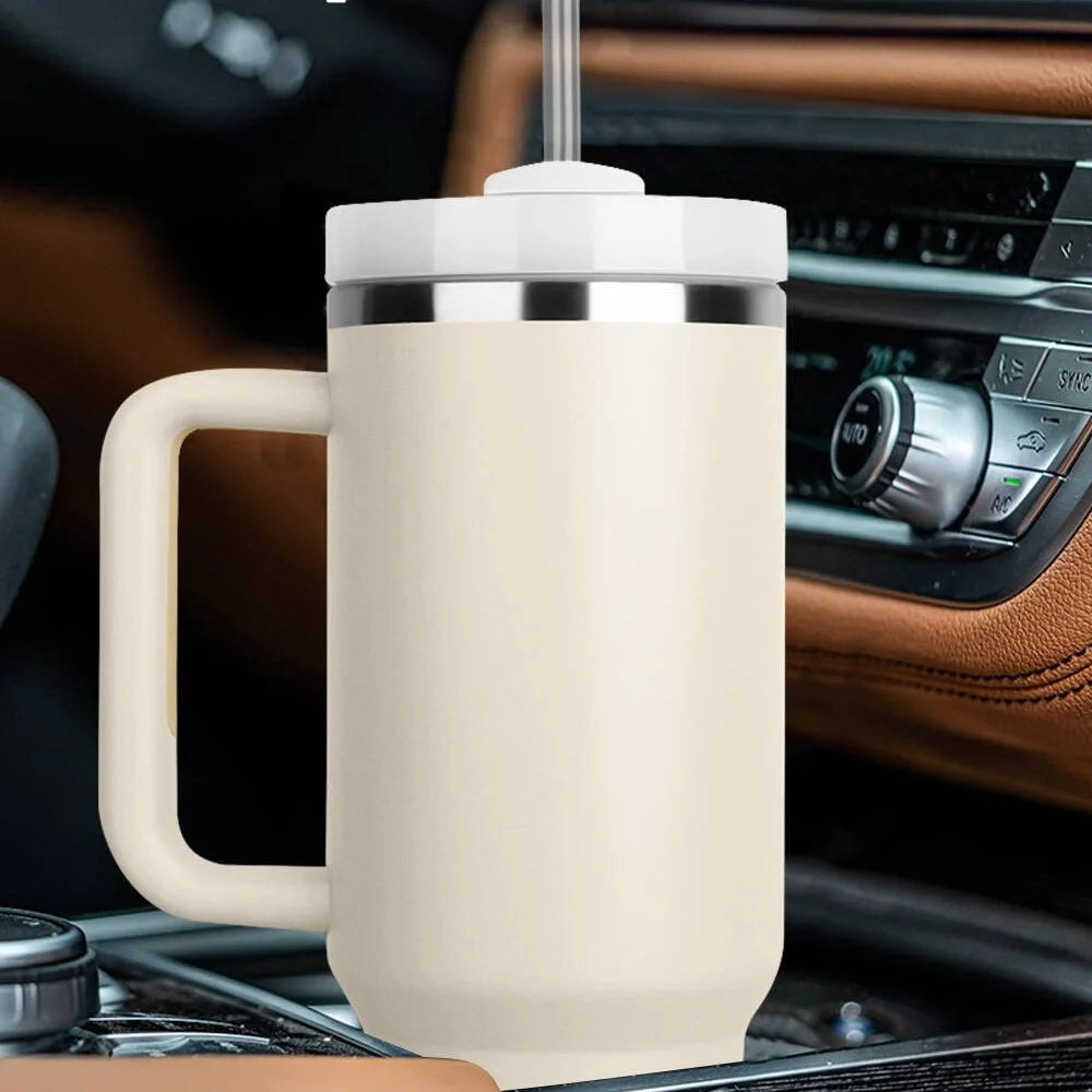 Tumbler with Handle Lid Straw 40Oz Stainless Steel Water Bottle Vacuum Thermos Cup Travel Car Thermal Coffee Mug Cap Sport
