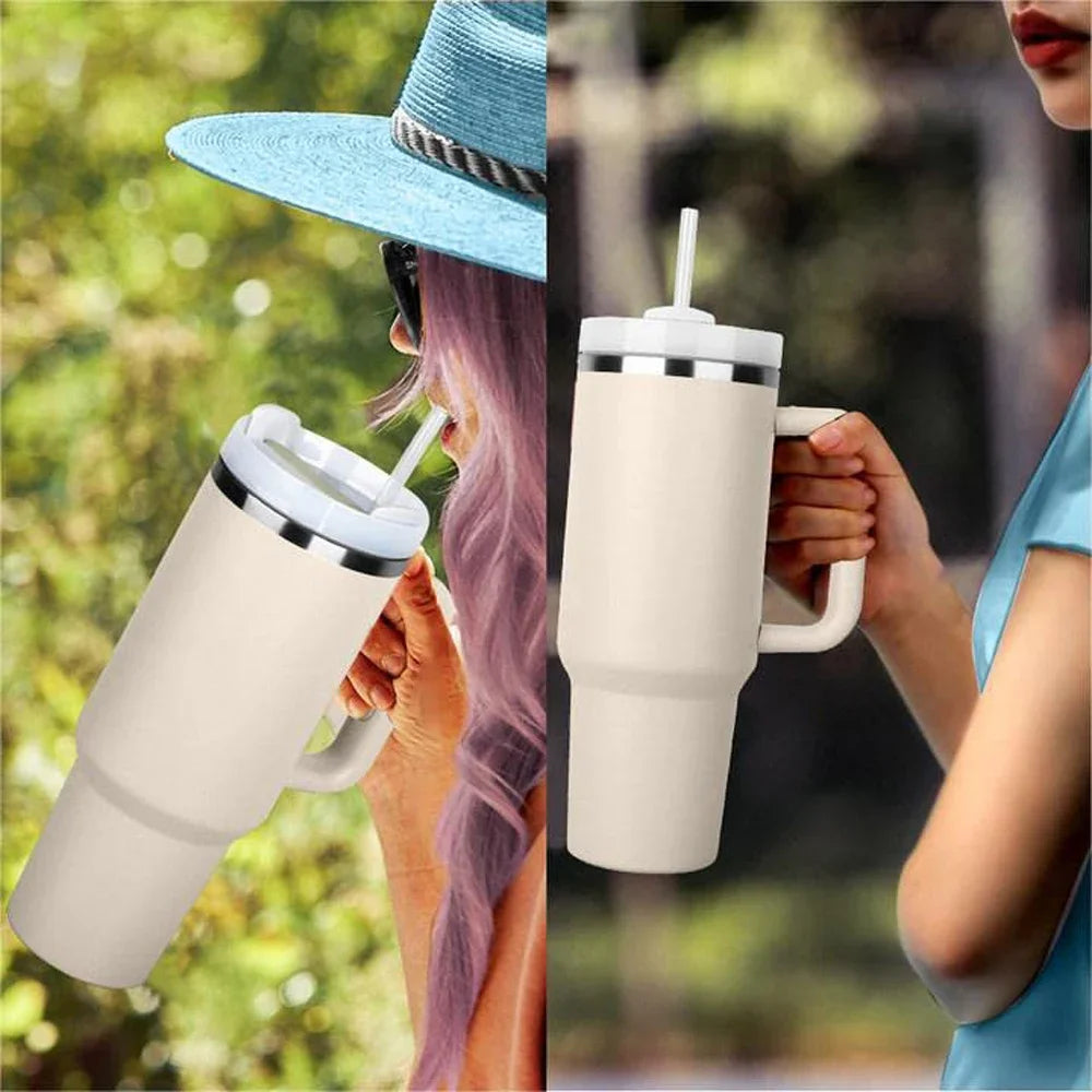Tumbler with Handle Lid Straw 40Oz Stainless Steel Water Bottle Vacuum Thermos Cup Travel Car Thermal Coffee Mug Cap Sport