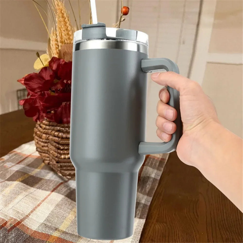 Tumbler with Handle Lid Straw 40Oz Stainless Steel Water Bottle Vacuum Thermos Cup Travel Car Thermal Coffee Mug Cap Sport
