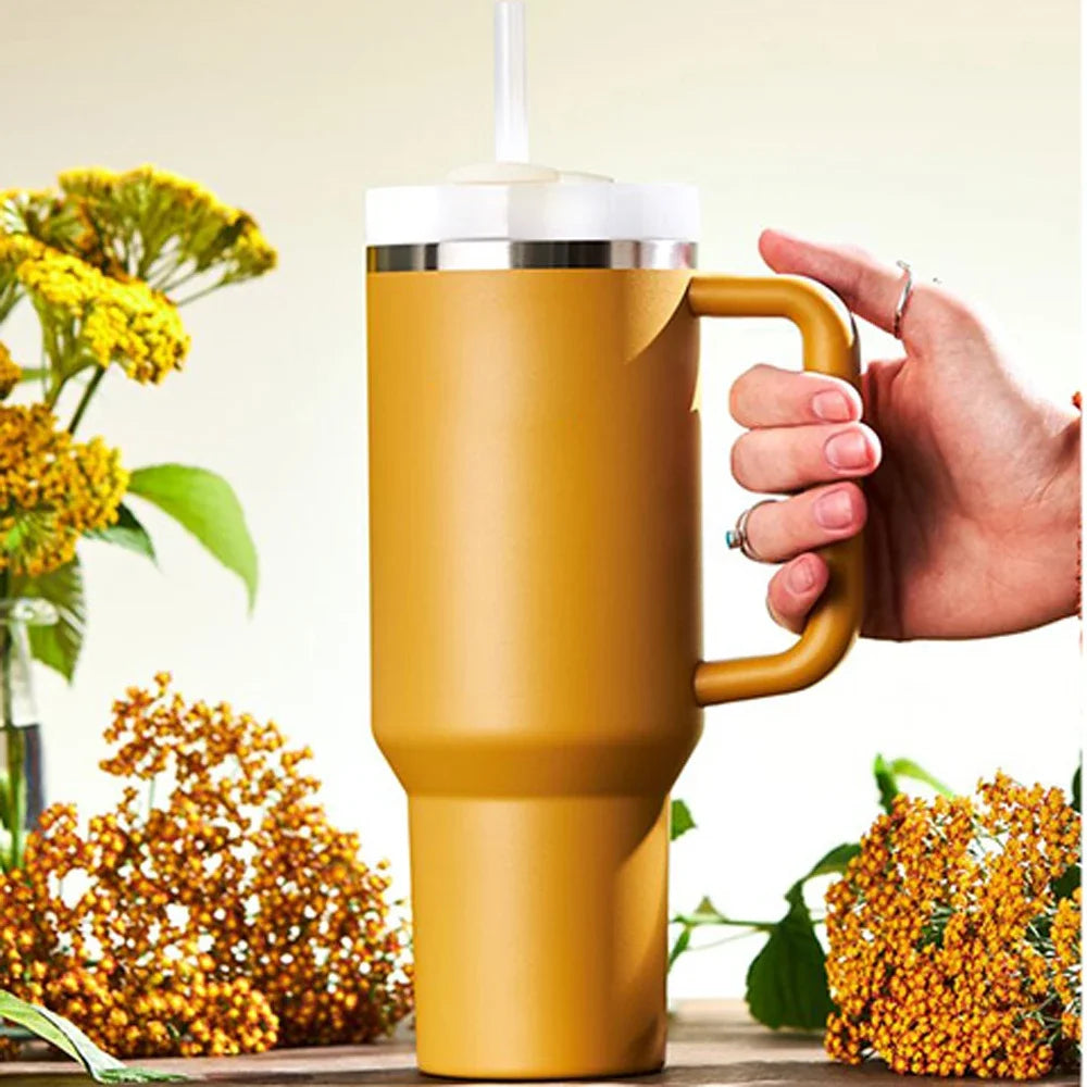 Tumbler with Handle Lid Straw 40Oz Stainless Steel Water Bottle Vacuum Thermos Cup Travel Car Thermal Coffee Mug Cap Sport