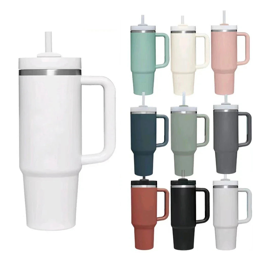 Tumbler with Handle Lid Straw 40Oz Stainless Steel Water Bottle Vacuum Thermos Cup Travel Car Thermal Coffee Mug Cap Sport